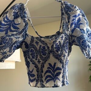 H&M White Crop Top with Blue Botanical Print